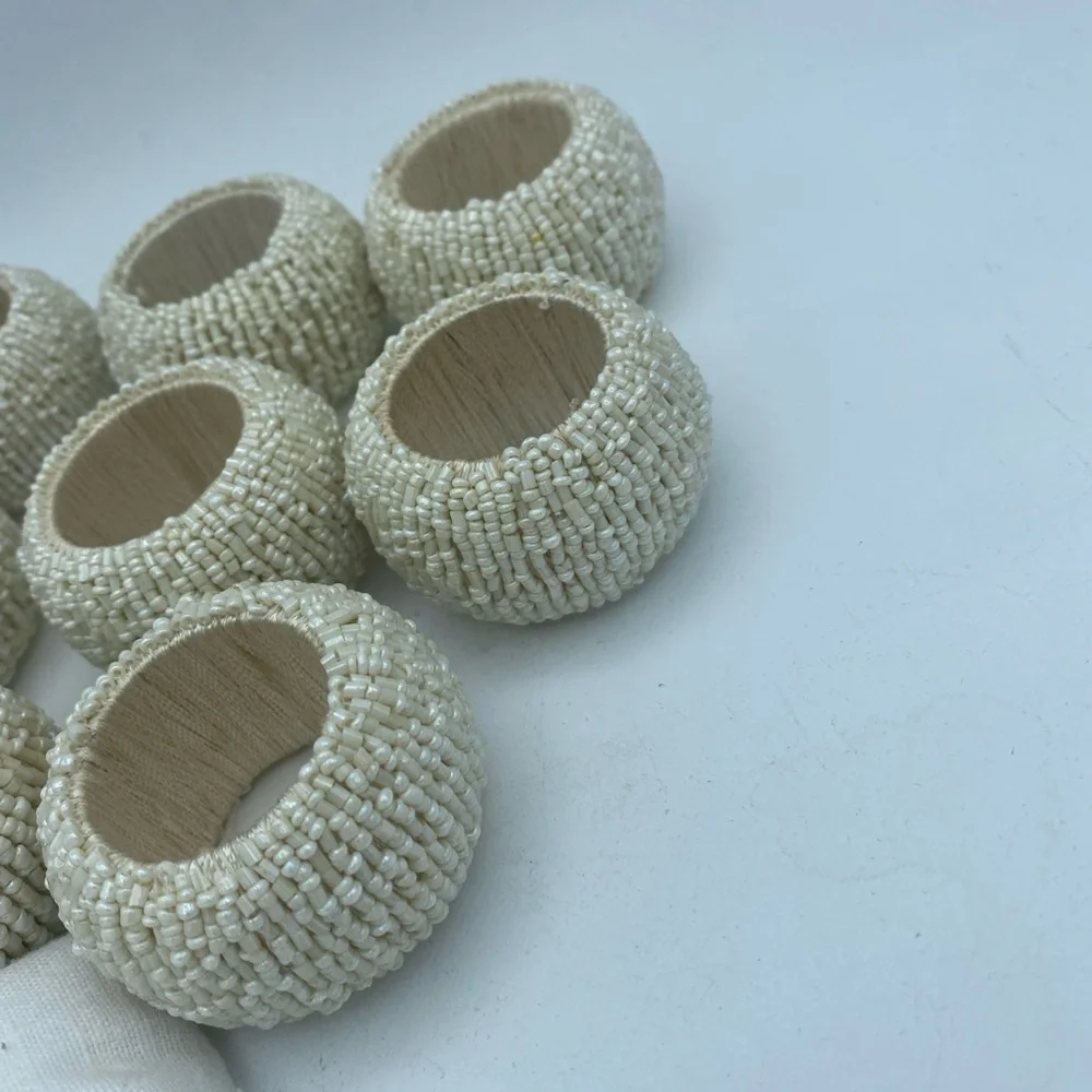 VTG Set Of 9 Beaded Cream Color Chunky Napkin Rings Holders